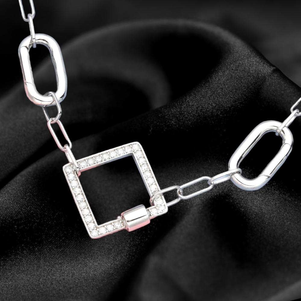 NWT MULTI CHARM ENHANCER PAPER CLIP NECKLACE IN RHODIUM OVER STERLING SILVER